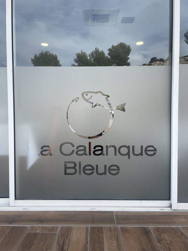 Habillage décoratif pour vitre en film adhésif dépoli pour restaurant ou salon de coiffure à la Ciotat